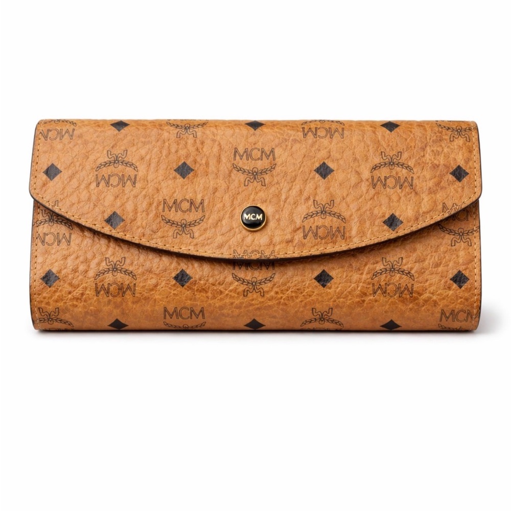 Authentic MCM Visetos Ling Wallet Cognac with Designer Monogram Snap Leather